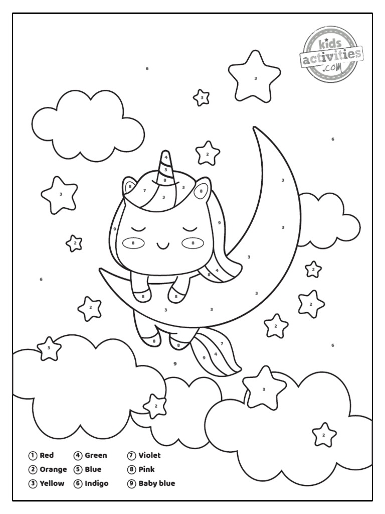 Unicorn color by number coloring pages pdf color blue