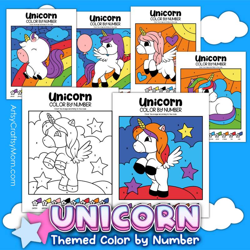 Unicorn day color by number sheets