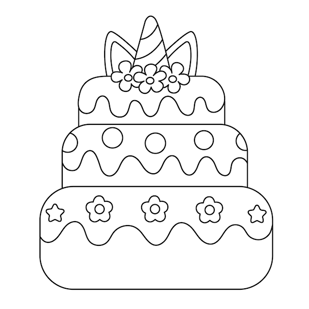 Premium vector unicorn cake coloring page coloring cartoon birthday cake with candles desserts coloring book