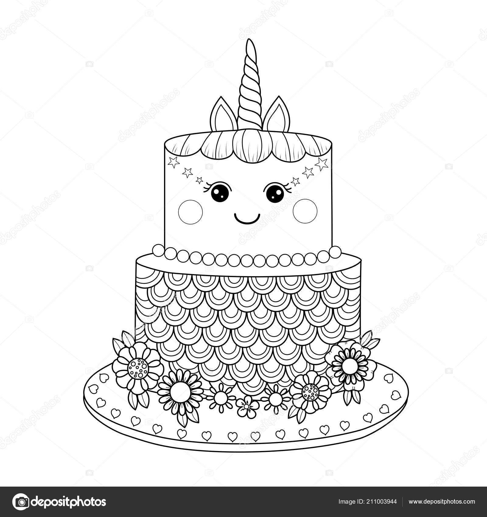 Unicorn cake coloring book adult vector illustration handdrawn doodle style stock vector by noonizen