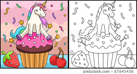 Unicorn sitting on a cupcake coloring page