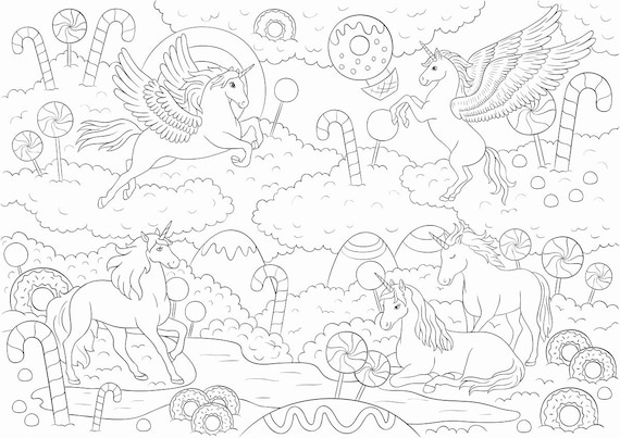 Printable coloring page unicorn in candy world parts coloring poster instant download aa blackwhite printable page