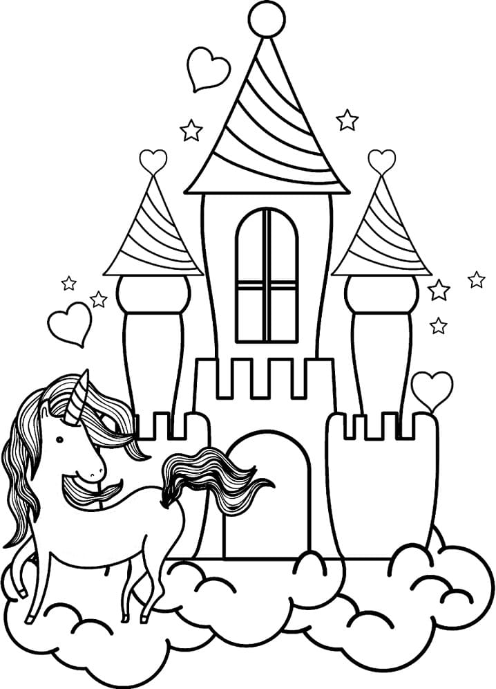 Unicorn and castle coloring page