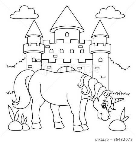 Unicorn castle coloring page for kids