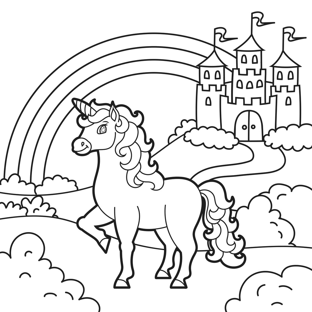 Coloring pages of unicorn with a castle printable