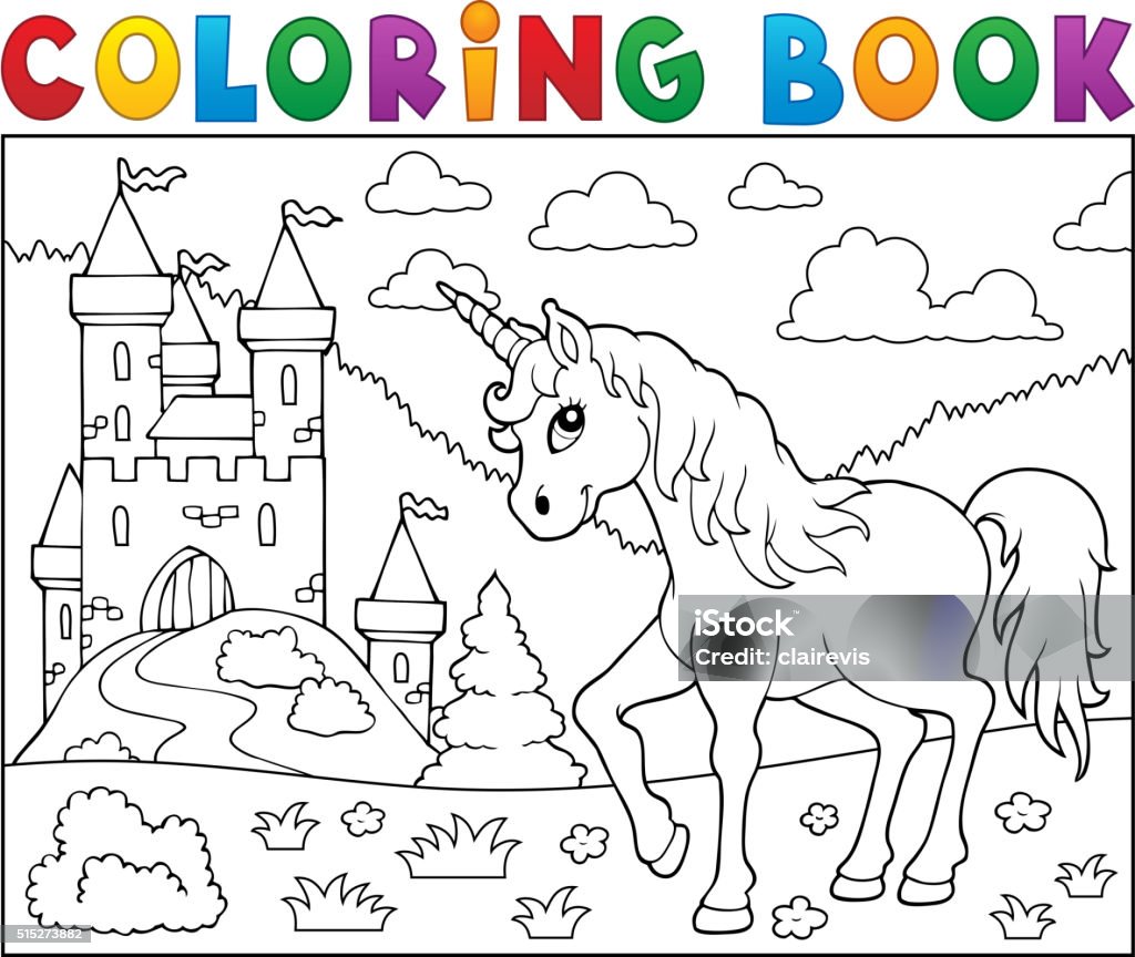 Coloring book unicorn near castle stock illustration