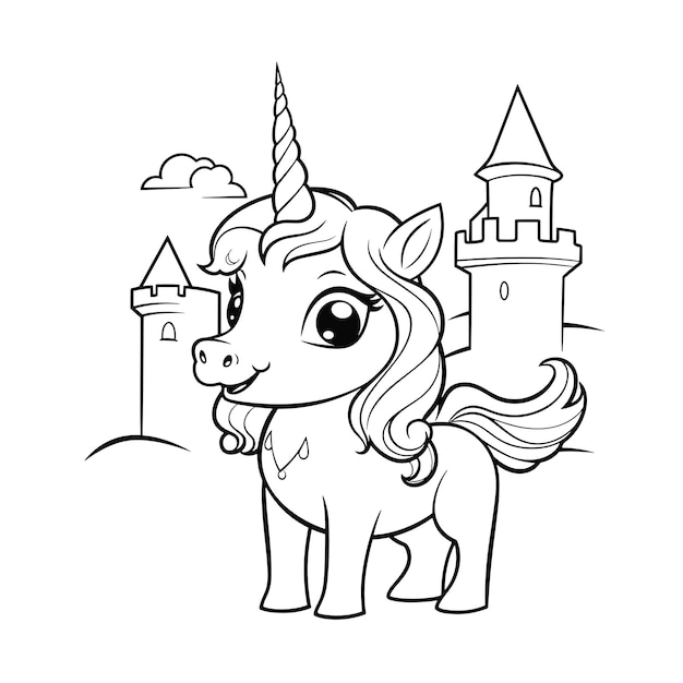 Premium vector unicorn castle coloring page for kids