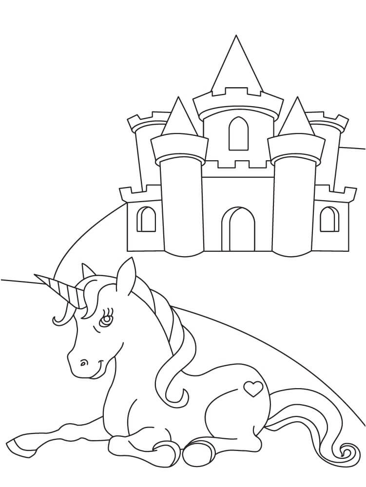 Unicorn and castle coloring page