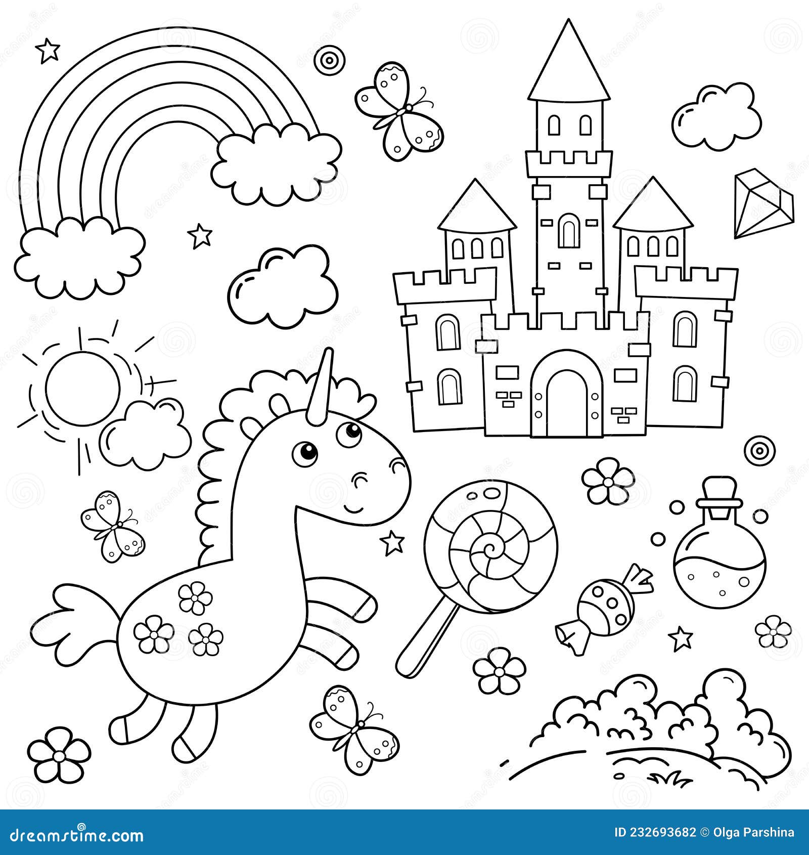 Coloring page outline of cartoon lovely magic unicorn royal castle fairy tale hero or character stock vector