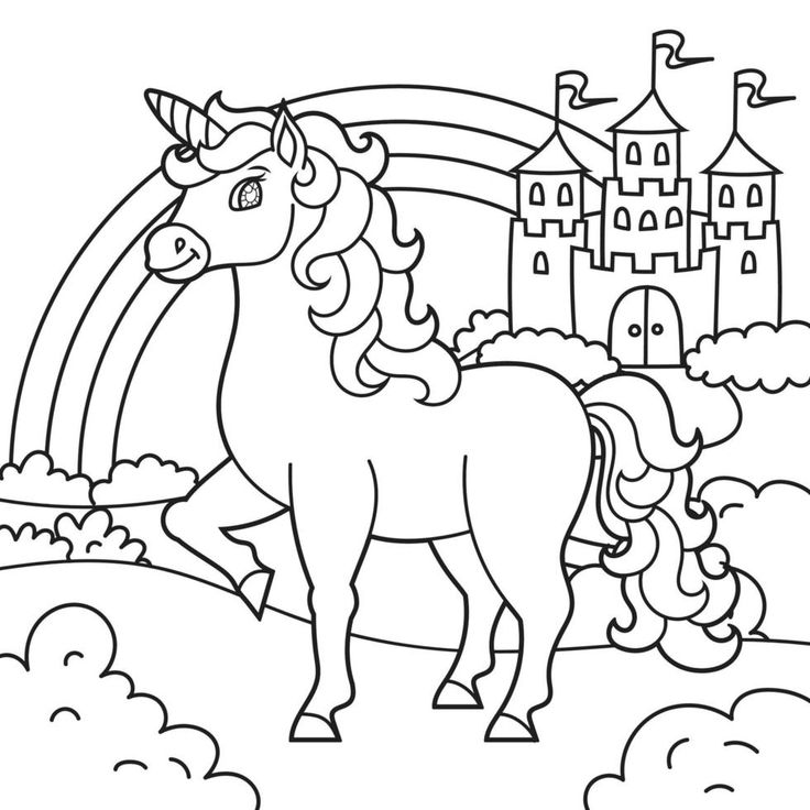 Cute unicorn magic fairy horse landscape with a beautiful castle coloring book page for kids caâ unicorn coloring pages coloring books disney coloring pages