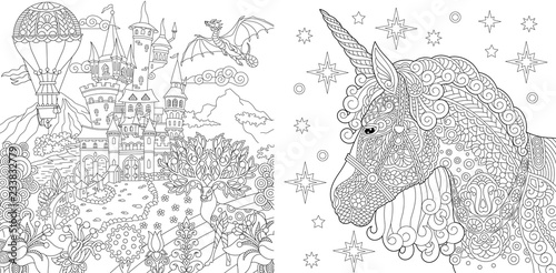 Coloring pages with fairytale castle and magic unicorn vector