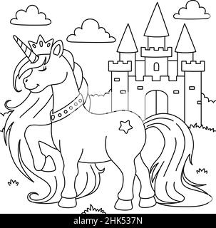 Unicorn castle coloring page for kids stock vector image art