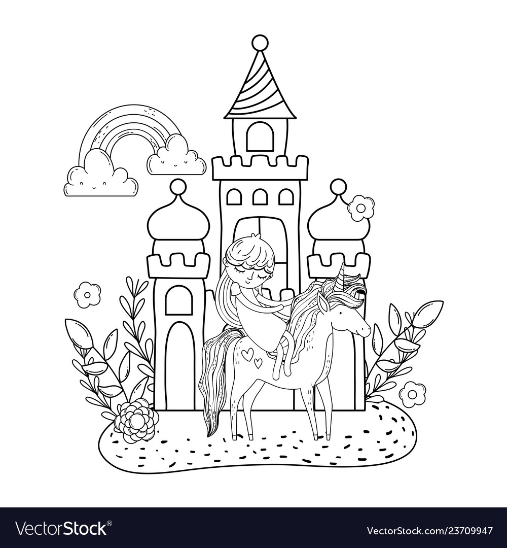 Unicorn and princess in the castle with rainbow vector image