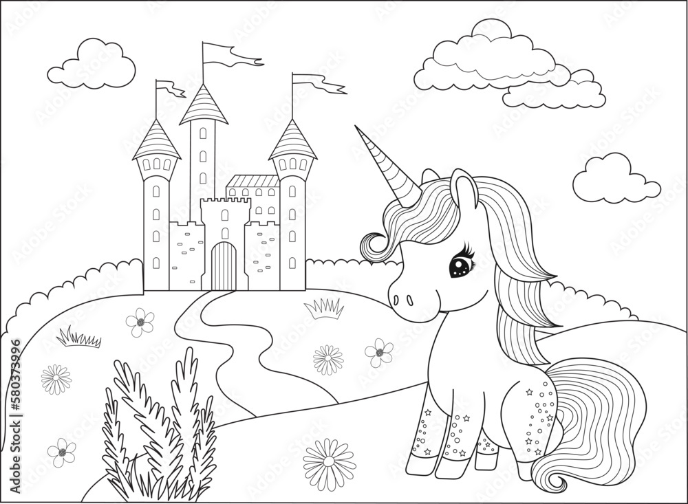 Unicorn and castle coloring book sketch isolated vector vector