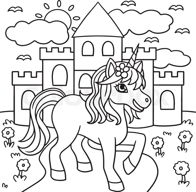 Unicorn castle coloring page for kids stock vector