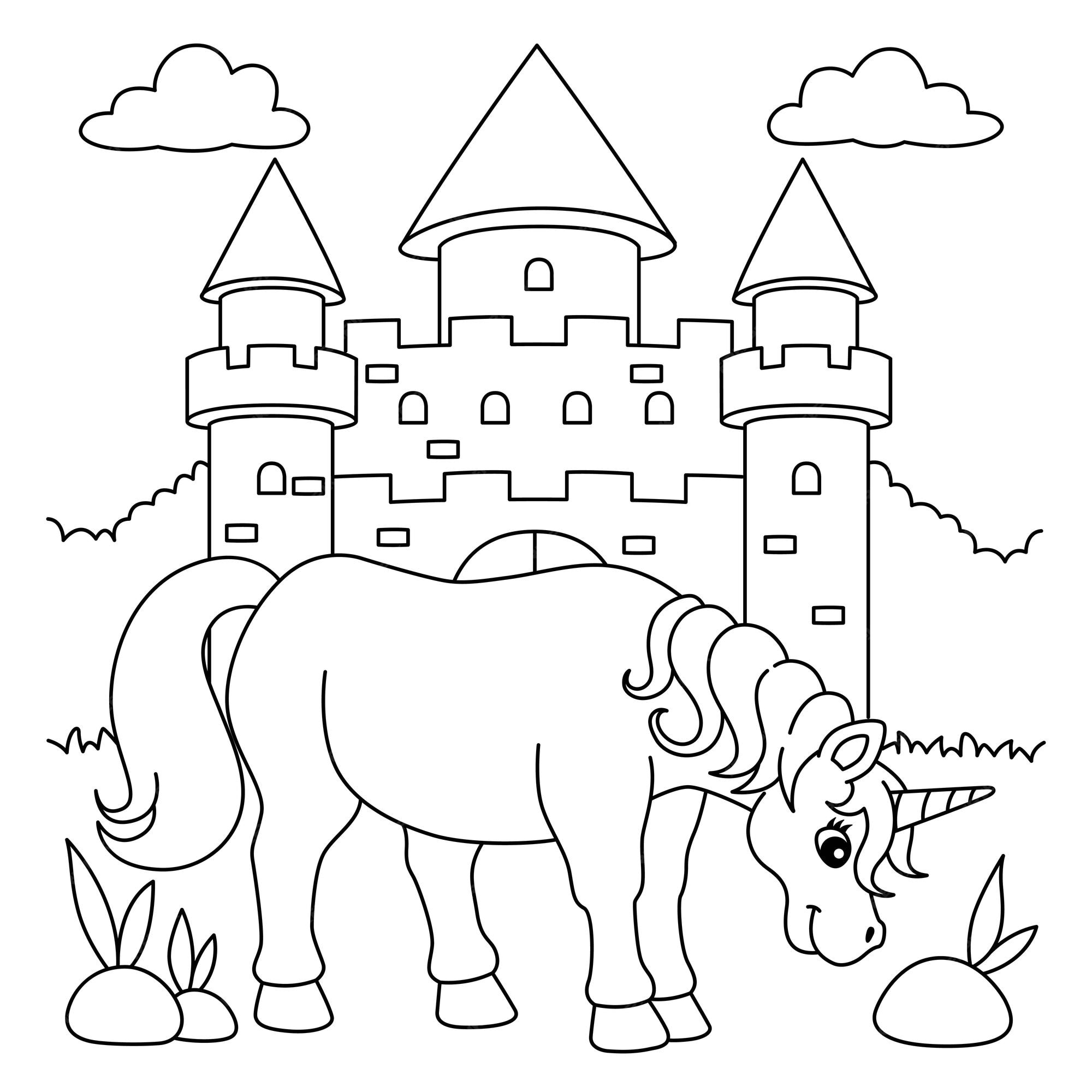 Premium vector unicorn castle coloring page for kids