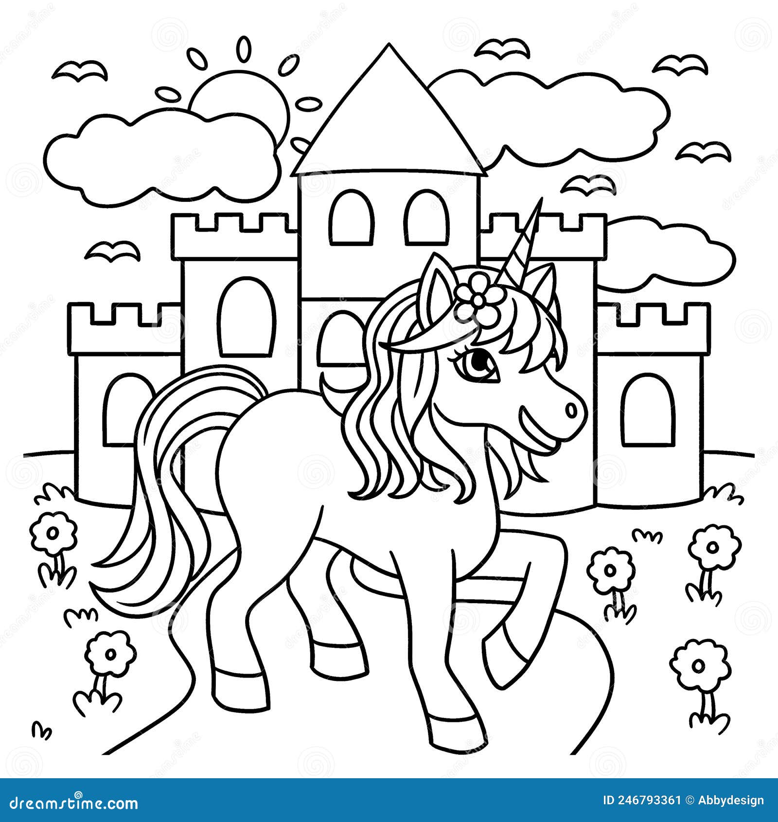 Unicorn castle coloring page for kids stock vector