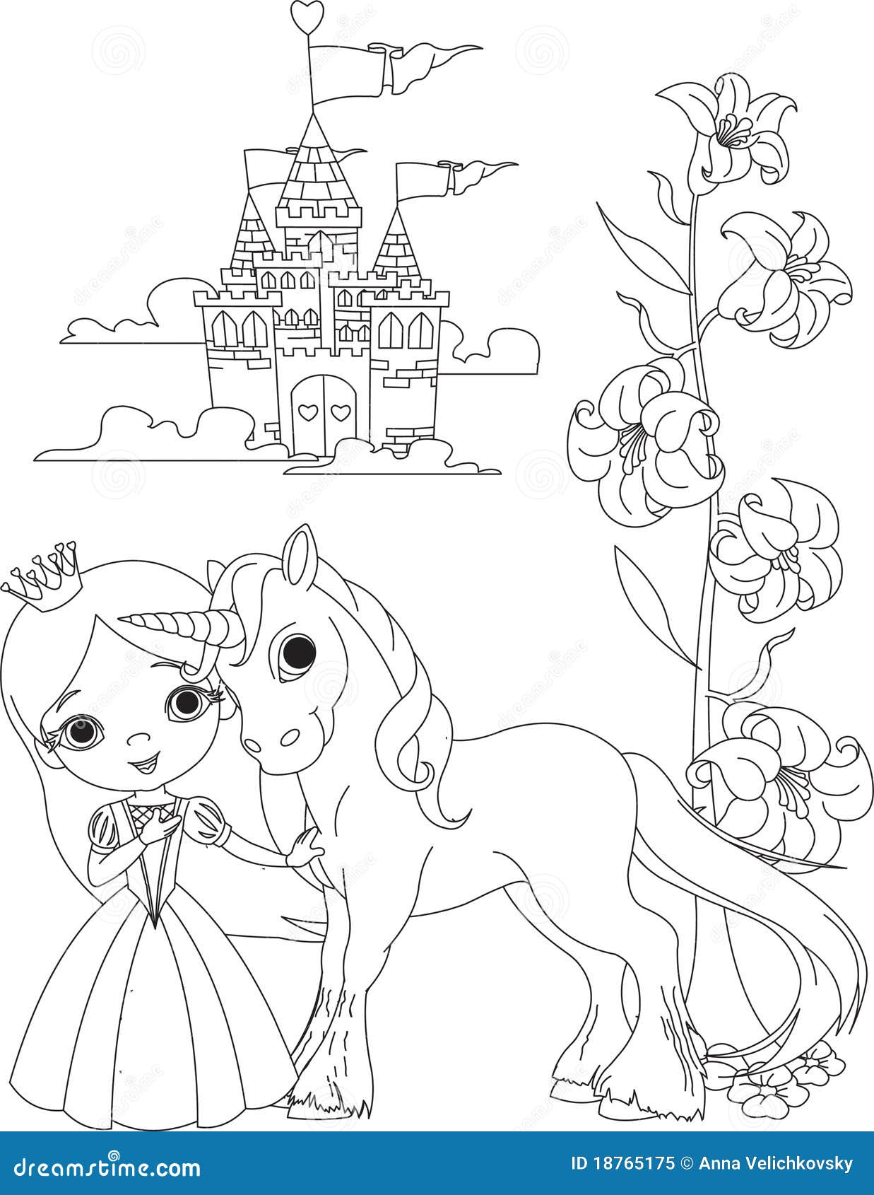 Beautiful princess and unicorn coloring page stock vector