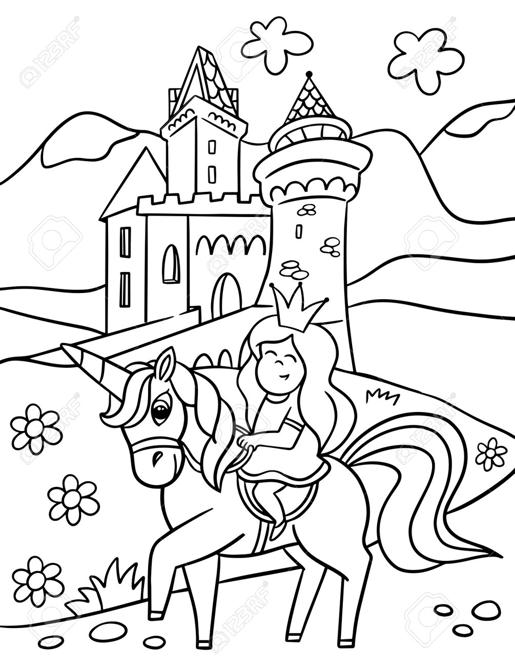 Unicorn with castle coloring page for kids children design stock photo picture and royalty free image image