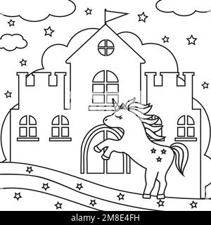 Unicorn castle coloring page for kids stock vector image art