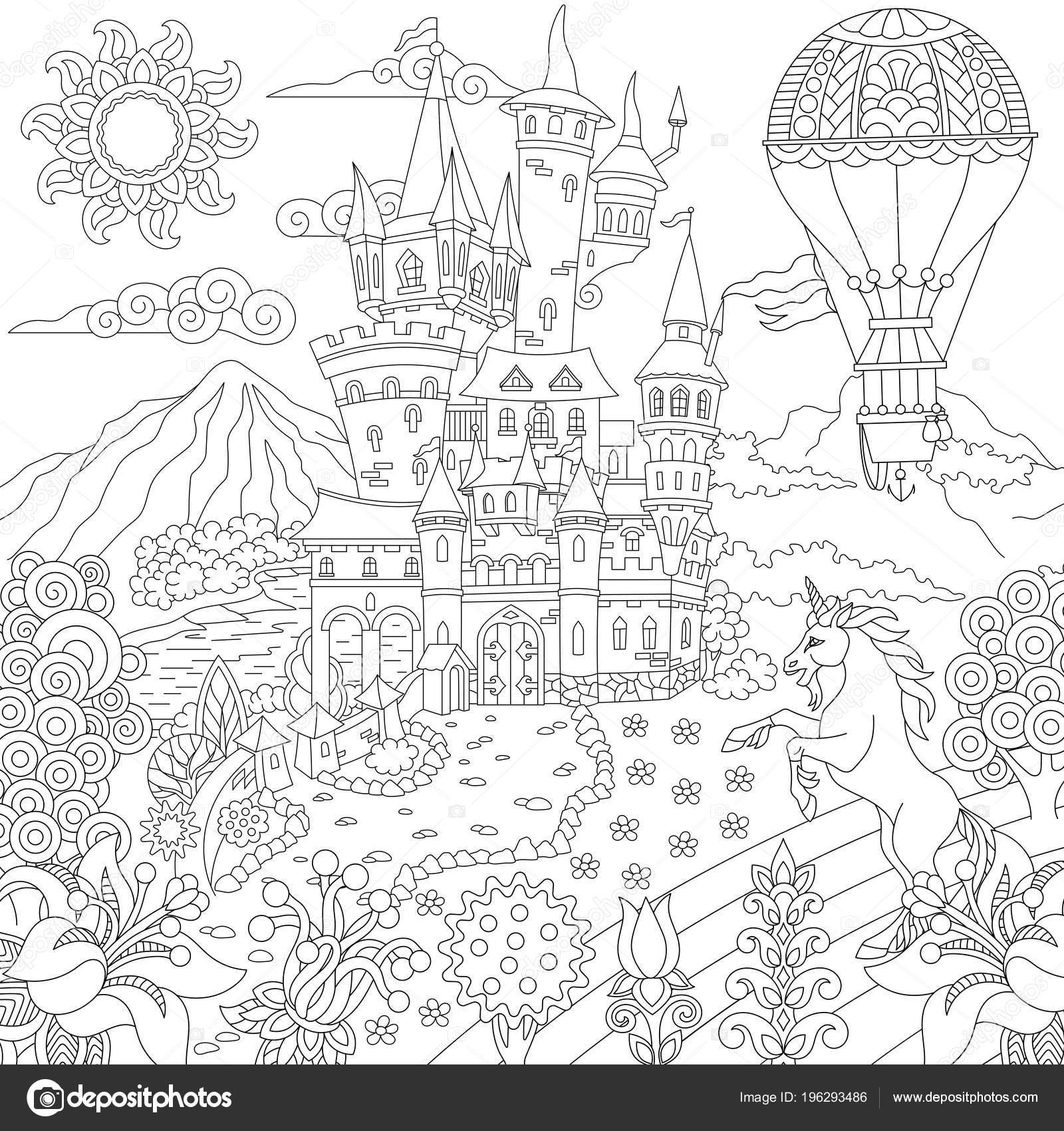 Fairy tale concept fairytale landscape vintage castle unicorn flowers hot stock vector by sybirko