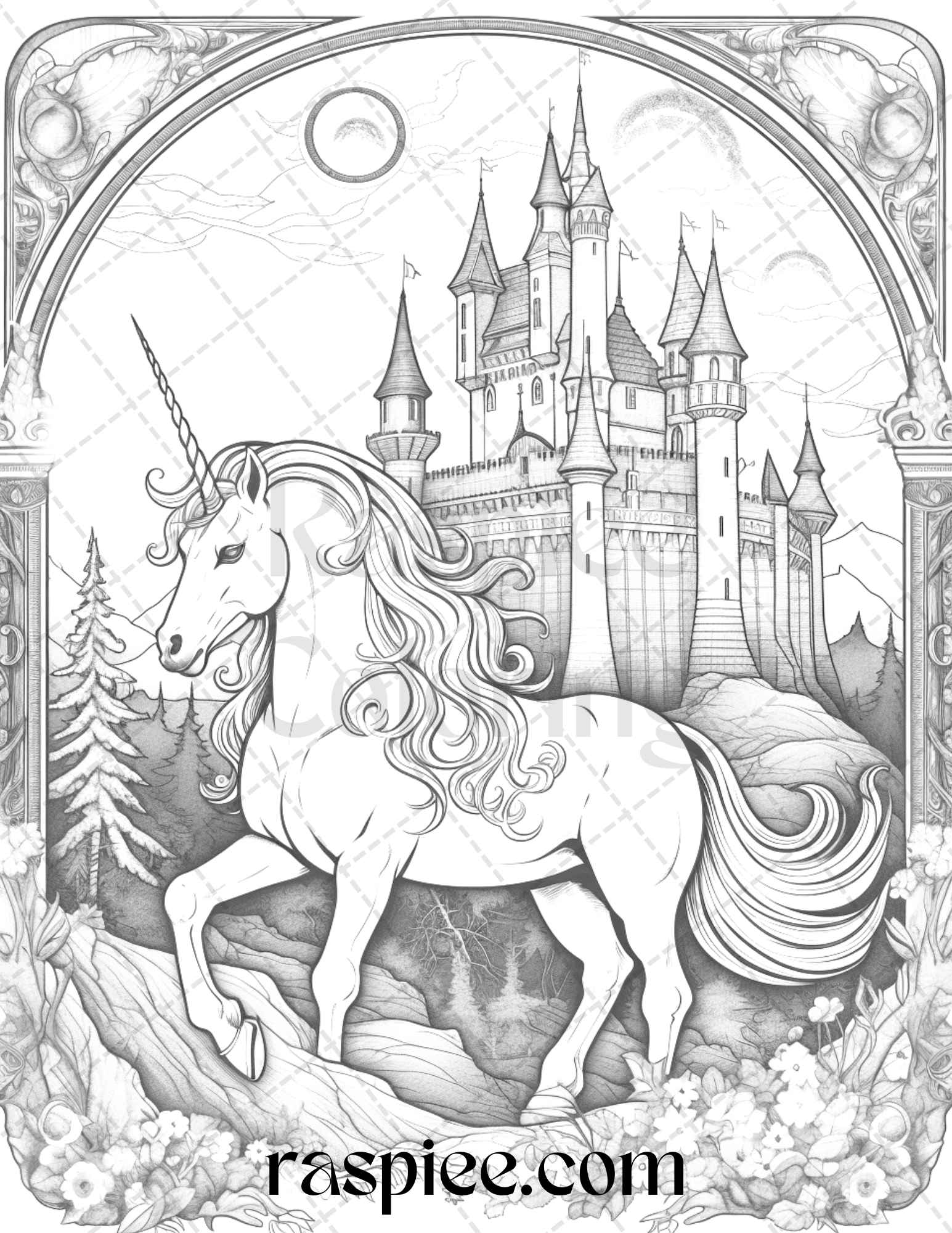 Enchanted unicorns grayscale coloring pages printable for adults p â coloring