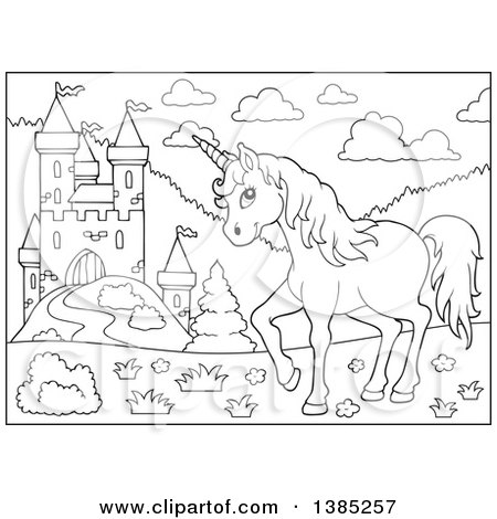 Clipart of a black and white lineart unicorn near a castle