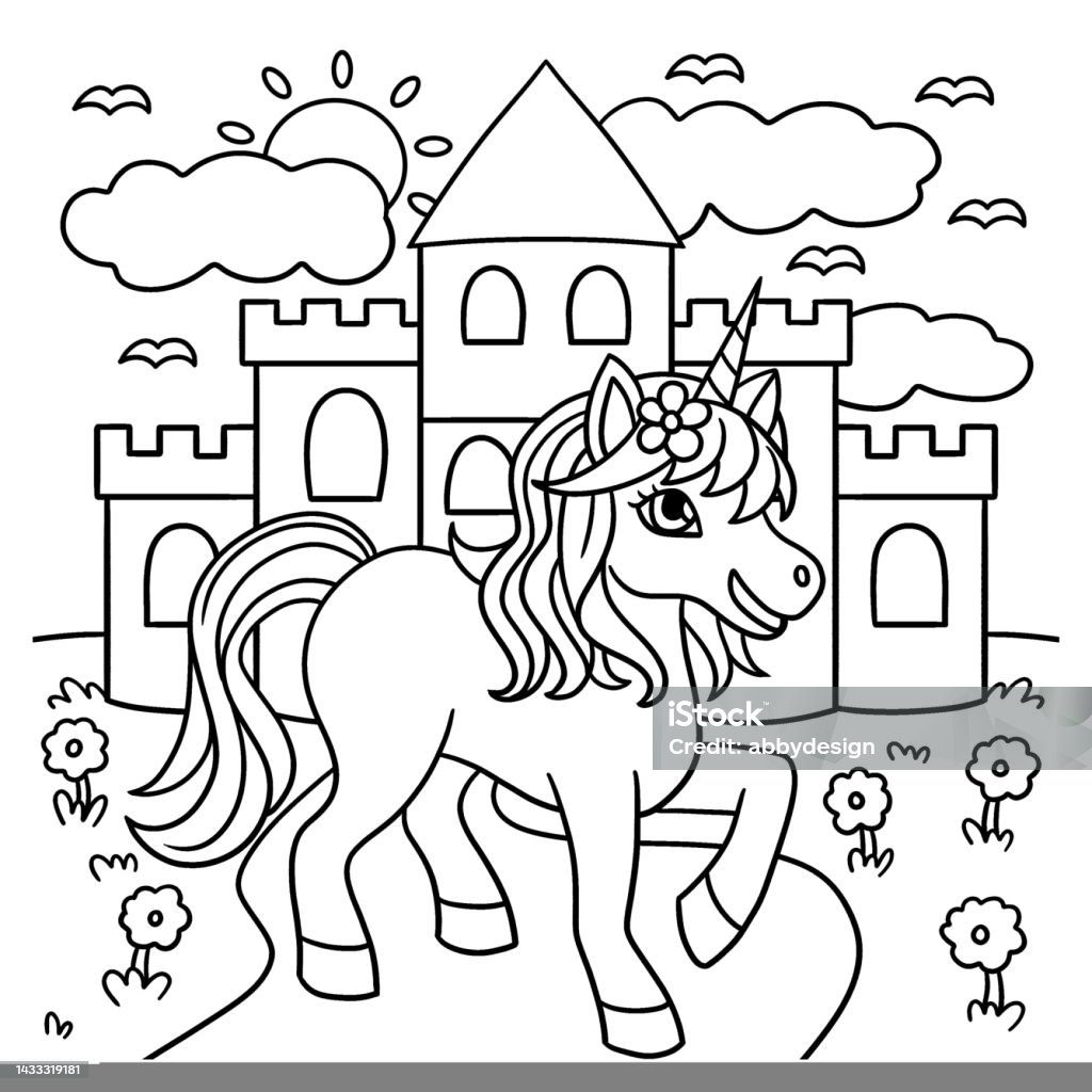 Unicorn castle coloring page for kids stock illustration