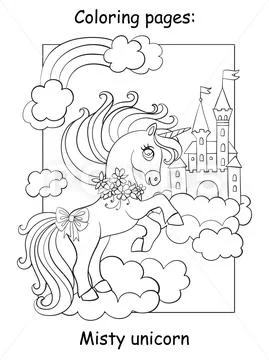 Cute unicorn on cloud and sky castle coloring vector clip art