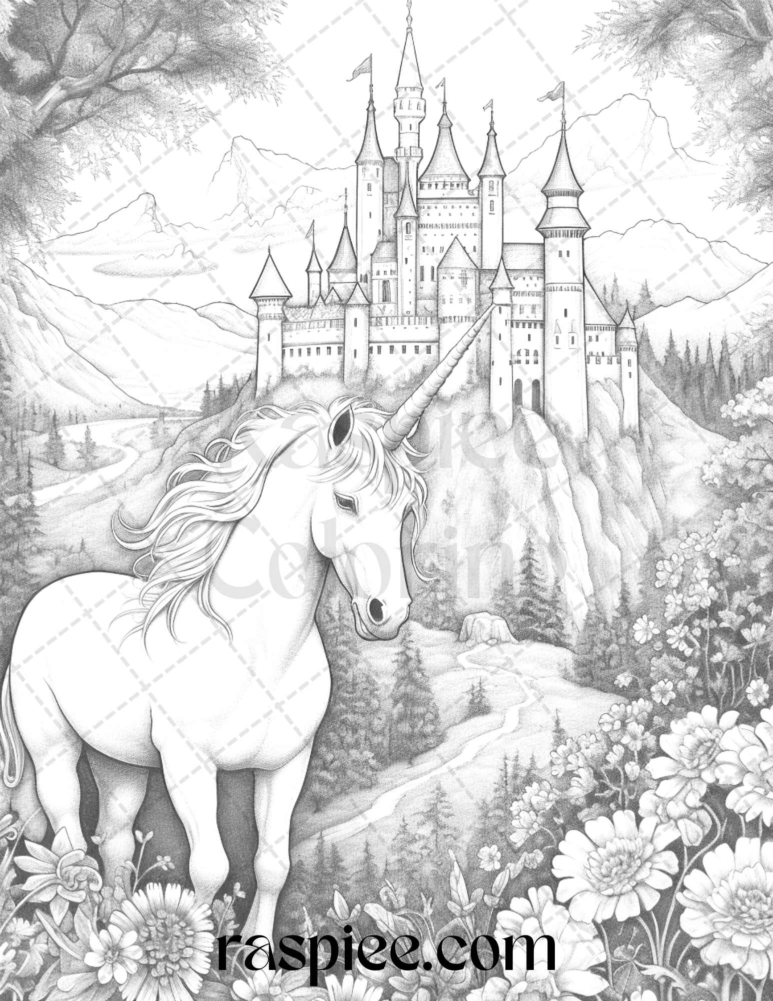 Enchanted unicorns grayscale coloring pages printable for adults p â coloring