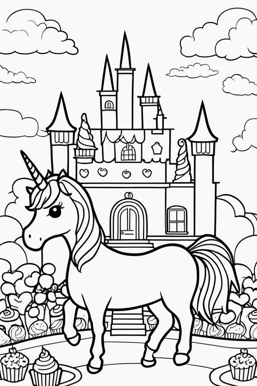 Coloring page of an adventurous girl riding a unicorn in front of a medieval castle intricate details