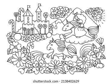 Coloring page unicorns princess fairy tale stock vector royalty free