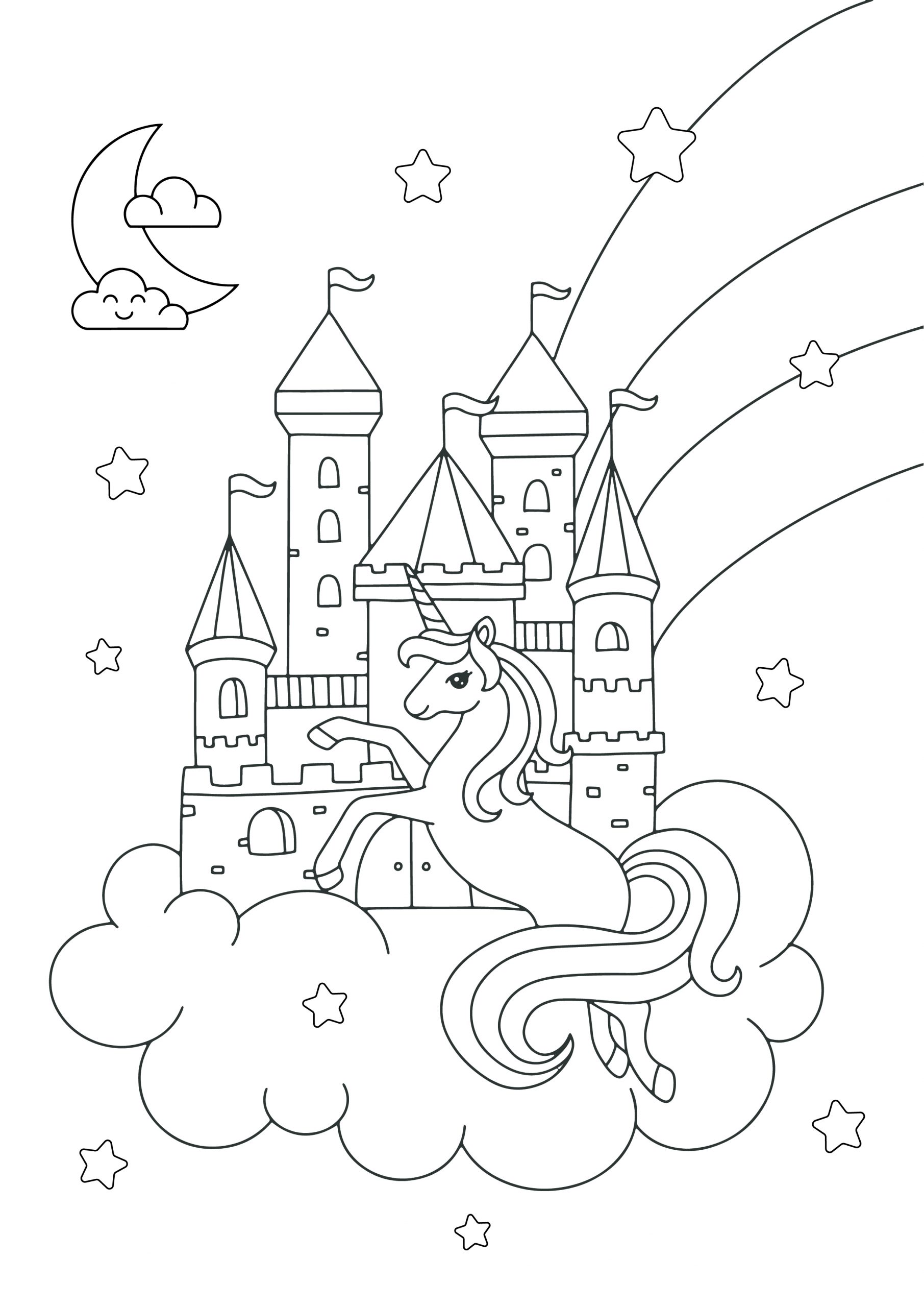 Unicorn castle colouring page