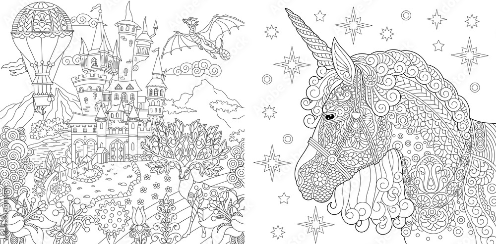 Coloring pages with fairytale castle and magic unicorn vector