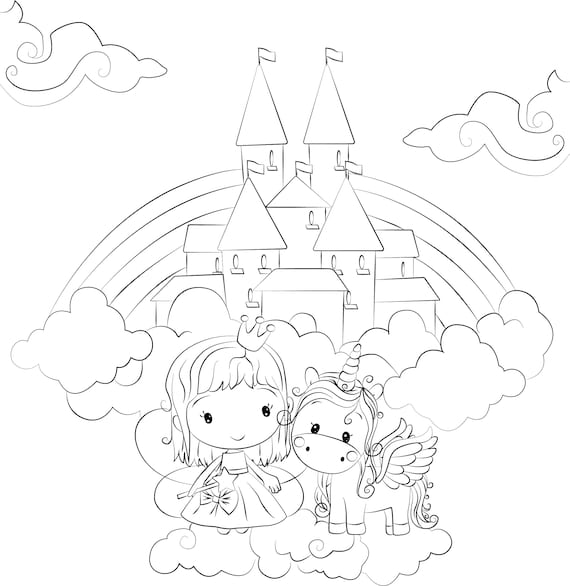 Unicorn fairy coloring page digital coloring page instant download printable pdf castle