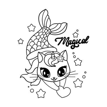 Cute cat mermaid unicorn text magical black and white outline drawing hand drawn style for childrens design coloring prints posters cards stickers etc vector ù ùùø øªøµù ùù ù