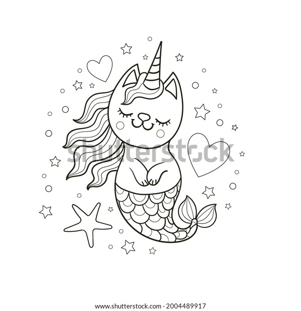 Cute cat unicorn mermaid black white stock vector royalty free