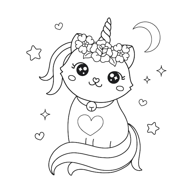 Premium vector beautiful unicorn cat with flowers printable coloring page