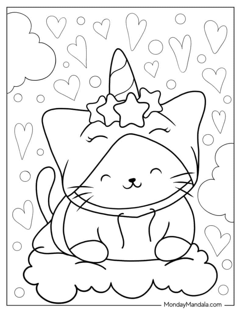 Unicorn cat coloring pages free pdf printables