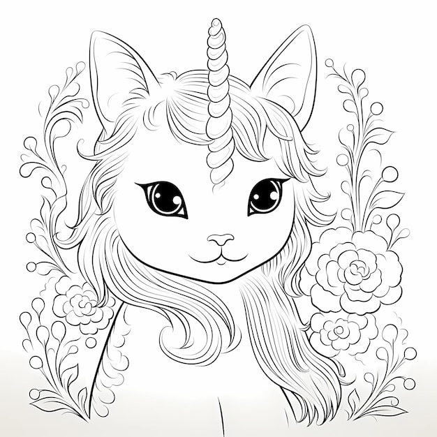 Premium ai image whiskered wonder realistic unicorn cat coloring book page