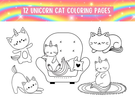 Unicorn cat coloring pages cute cat coloring sheets printable coloring pages kids activity instant download