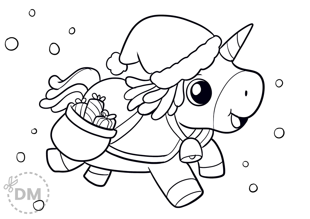 Christmas unicorn coloring page for kids to color and enjoy