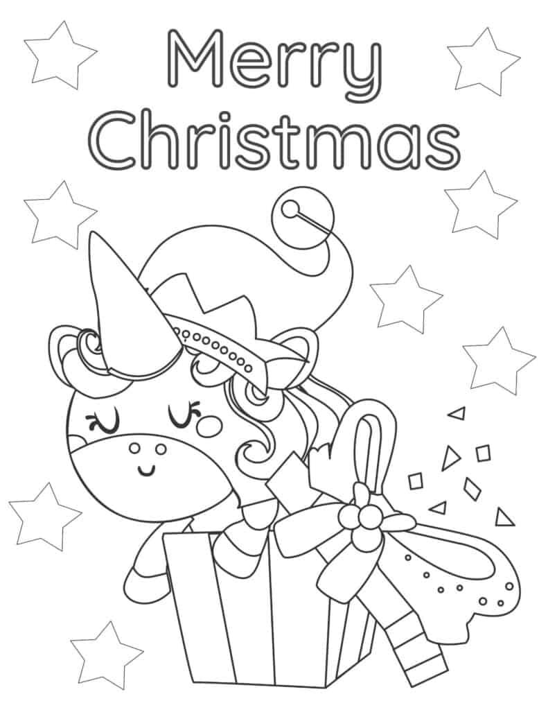 Christmas unicorn coloring printable for free download