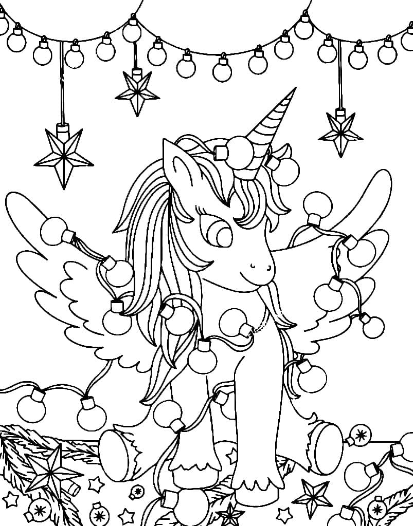 Cute christmas winged unicorn coloring page