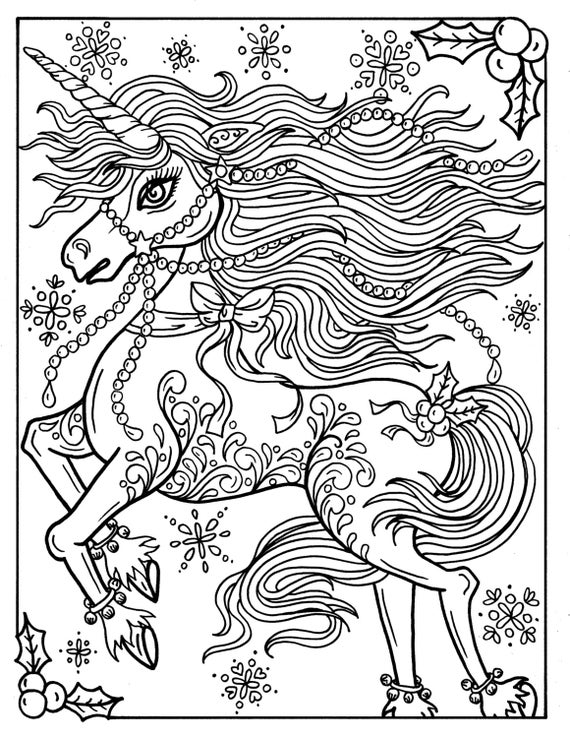 Christmas unicorn adult coloring page coloring book holidays fantasy art