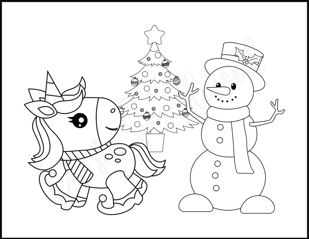 Christmas unicorn coloring printable for free download