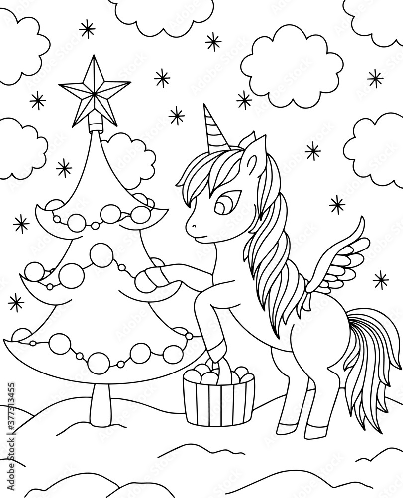 Merry christmas unicorn coloring hand drawn vector illustration magical animal coloring book pages for adults and kids winter snow is falling unicorn decorates a christmas tree