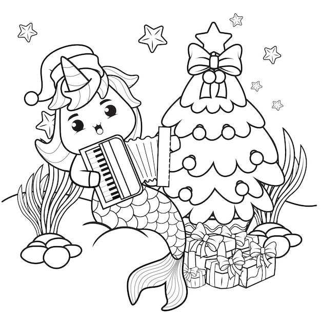 Premium vector christmas coloring book with cute unicorn mermaid