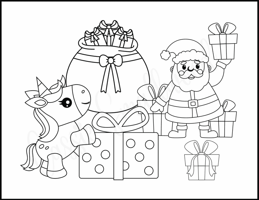 Christmas unicorn coloring printable for free download