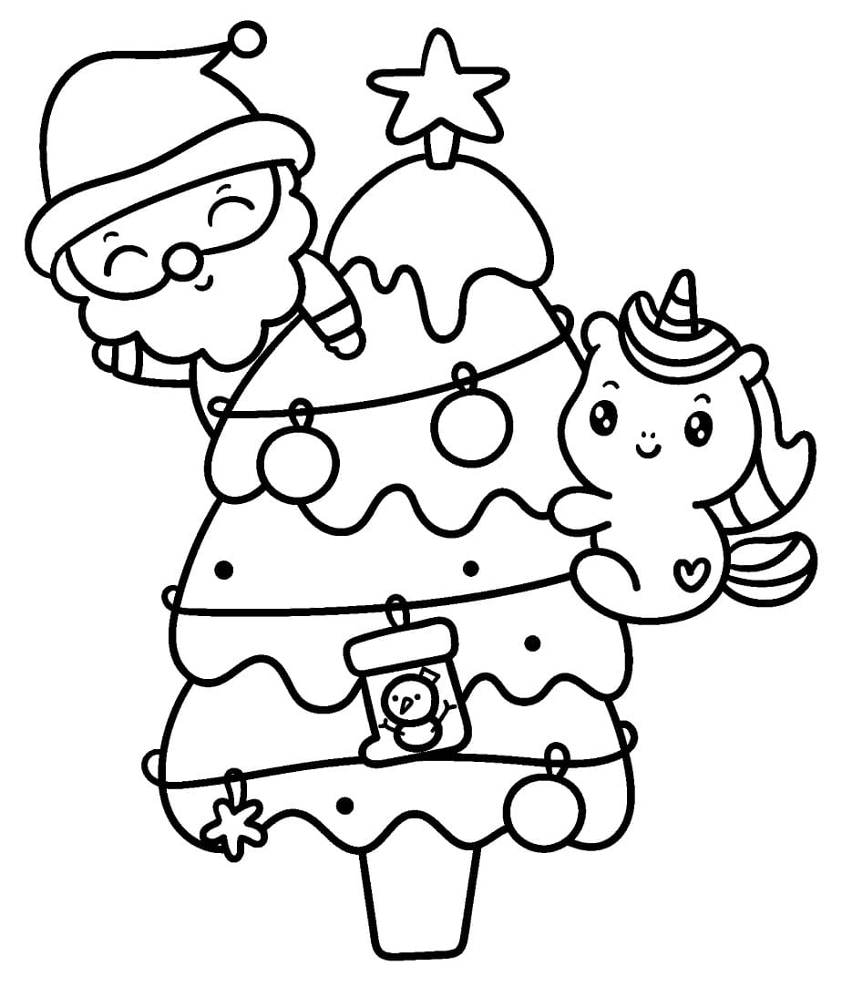 Cute christmas santa and unicorn coloring page